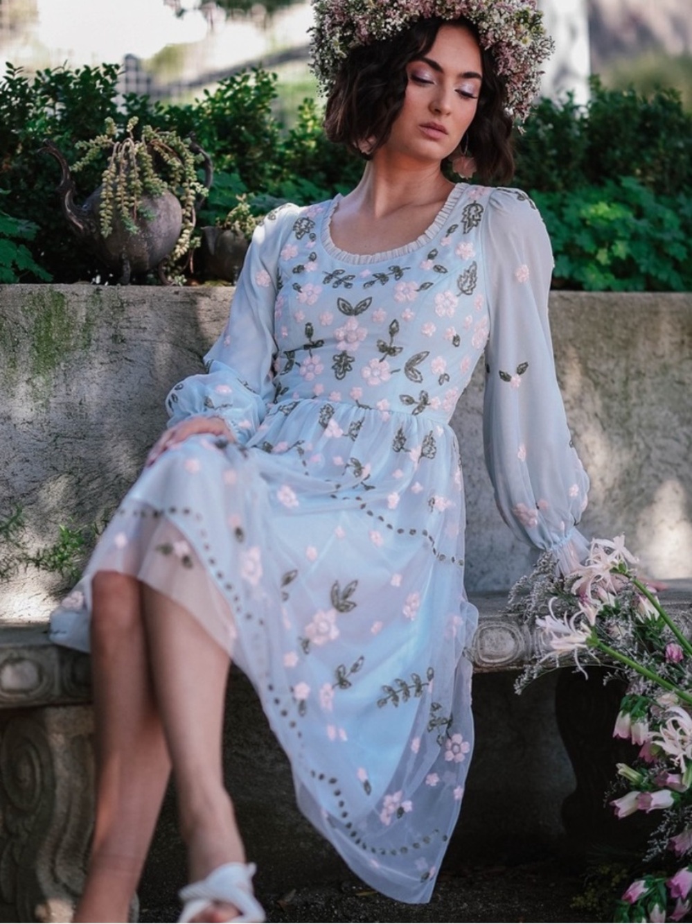 JessaKae Elina Dress Med Blue Floral Sequin Mesh Tulle Cottagecore Romantic NWT